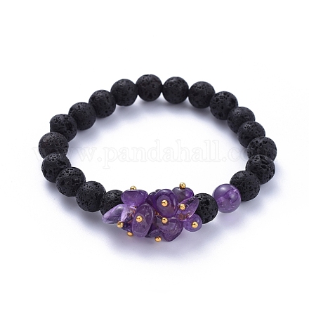 Bracelets extensibles à perles rondes en pierre de lave naturelle BJEW-JB05118-02-1