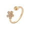 Flower Brass Micro Pave Cubic Zirconia Cuff Ring Setting, Cup & Peg Ring Settings for Half Drilled Beads, Real 14K Gold Plated, Inner Diameter: 18mm, Pin: 0.9mm