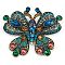 Zinc Alloy Colorful Rhinestone Brooch, with Plastic Pearl, for Clothes, Antique Golden, Butterfly, 60.5x68.5mm