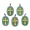 Natural Green Aventurine Pendants, Oval with Engraved Gold Cross Charms, with Stainless Steel Bails, Stainless Steel Color, 38~39x25x7mm, Hole: 7x4mm