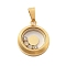 Glass Pendants, Flat Round Charms, with Rhinestone & 304 Stainless Steel Findings, Ion Plating(IP), Golden, 22x18x4.5mm, Hole: 8x3.5mm