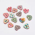 Boutons en bois, 2-trou, cœur, couleur mixte, 13x15x2.5mm, Trou: 1.5mm