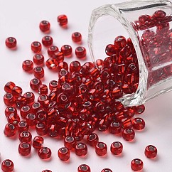 6/0 Perlas de semillas de vidrio, plata forrada agujero redondo, redondo, rojo, 4mm, agujero: 1.5 mm, aproximamente 6639 unidades / libra