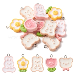 10pcs 5 Arten undurchsichtige Harzanhänger, süße Reize, mit platinfarbenen Eisenschlaufen, Blume & Hase & Bär, Mischfarbe, 24.5~29x18.5~22.5x4.5~6.5 mm, Bohrung: 2 mm, 2pcs / style