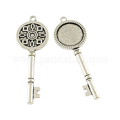 Bases llave esqueleto de aleación de estilo tibetano grande colgante cabochon, sin plomo y cadmio, plata antigua, Bandeja: 20 mm, 70x25x5.5mm, agujero: 3 mm, aproximamente 56 unidades / 500 g
