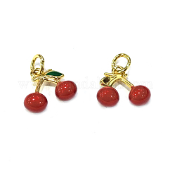 Messing Emaille Anhänger / charms, cadmiumfrei und bleifrei, Kirsche Charme, langlebig plattiert, echtes 18k vergoldet, rot, 11x13x5.5 mm, Bohrung: 2.4 mm