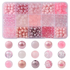 375pcs 15 Arten Acrylperlen, Runde, rosa, 7.5~8 mm, Bohrung: 1.5~2 mm, 25pcs / style