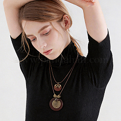 Collier double rang avec pendentif en bois et alliage bohème (1 pièce) pour femme&nbsp;NJEW-CL0001-37