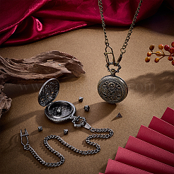 Винтажные плоские круглые карманные часы из сплава с полыми корпусами и латунной цепочкой&nbsp;AJEW-PH0007-68B