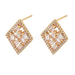 Серьги-гвоздики из латуни с микропаве из прозрачного кубического циркония в форме ромба для женщин&nbsp;EJEW-G428-05G