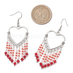 Серьги-люстры в форме полого сердца из сплава и стеклянных бисеринок с кисточками&nbsp;EJEW-MZ00685-02