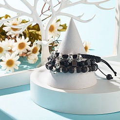 3 pièces 3 styles turquoise synthétique (teint) et bracelets de perles tressées en pierre de lave naturelle sertie d'un crâne en alliage&nbsp;BJEW-JB07865