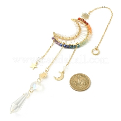 Decorazioni pendenti in ottone e pietre preziose chakra avvolte in filo&nbsp;HJEW-TA00075-01