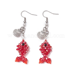 Boucles d'oreilles pendantes en forme de poisson avec perles de verre en acier inoxydable 304 en forme de coquillage&nbsp;EJEW-MZ00436-02