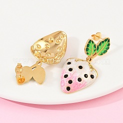 Висячие серьги-гвоздики из нержавеющей стали 304 с эмалированными вставками в виде клубники&nbsp;LS-EJEW-A138-10G-02