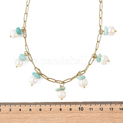 Collares de cadena tipo clip de acero inoxidable 304 con fragmentos de amazonita natural y borla de perlas para mujer.&nbsp;NJEW-JN06528-03