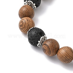 Braccialetti elastici con perline rotonde in legno naturale e pietra lavica&nbsp;BJEW-JB12353-02