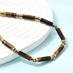 Колье из натуральных бусин тигрового глаза и синтетического немагнитного гематита в виде колонн с цепочками из нержавеющей стали 304.&nbsp;NJEW-K301-01B