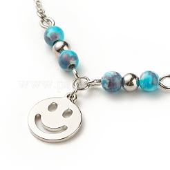 Fußkettchen mit Smiley-Anhänger aus 304 Edelstahl und runden Perlen aus natürlicher weißer Jade für Damen&nbsp;AJEW-AN00498-03
