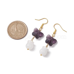 Pendientes colgantes de mariposa de vidrio transparente con jade blanco natural.&nbsp;EJEW-JE05804-01
