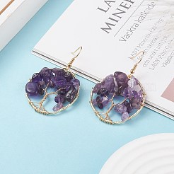 Anello intrecciato con pietre preziose naturali e orecchini pendenti con albero della vita&nbsp;EJEW-JE04879