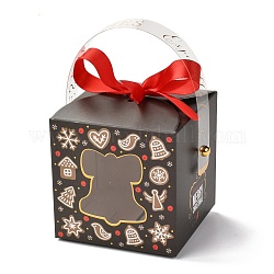 Christmas Folding Gift Boxes, with Transparent Window and Ribbon, Gift Wrapping Bags, for Presents Candies Cookies, Christmas Bell Pattern, 9x9x15cm