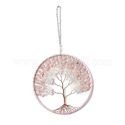 Puces enroulées de fil quartz de cristal naturel et quartz rose grandes décorations de pendentif, avec chaînes en fer et corde en similicuir, plat et circulaire avec arbre de vie, 295mm