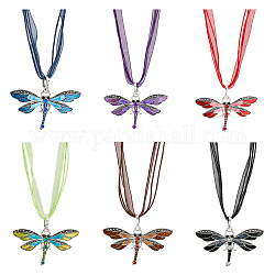 FIBLOOM 6Pcs 6 Colors Alloy Enamel Butterfly Pendant Necklaces Set with Rhinestone, Necklaces with Organza Cord for Women, Mixed Color, 17.91 inch(45.5cm), 1Pc/color