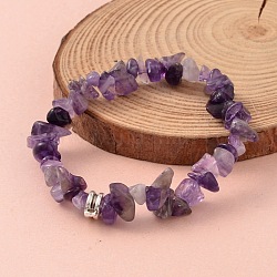 Chip Natural Amethyst Beaded Stretch Bracelets, with Antique Silver Plated Alloy Tube Bails, 53mm
