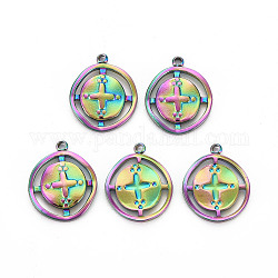 201 Stainless Steel Pendants, Hollow, Flat Round with Cross, Rainbow Color, 17x13.5x2mm, Hole: 1.4mm