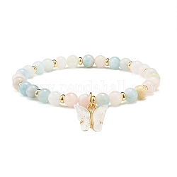 Natürliches Aquamarin-Stretcharmband mit runden Perlen, Glitzer Schmetterling Charm Armband für Mädchen Frauen, golden, Innendurchmesser: 2-1/8 Zoll (5.3~5.5 cm)