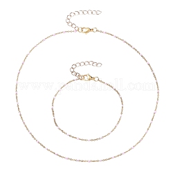 Goldbeschichtete Emaille Edelstahl Kabelkette Halsketten und Armbänder Sets, mit eiserner Verlängerungskette und 304 Karabinerverschluss aus Edelstahl, rosa, 16.92 Zoll (43 cm), 7-5/8 Zoll (19.3 cm)