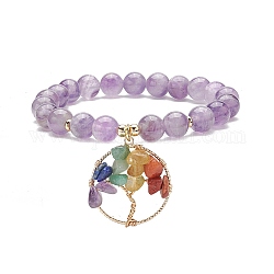 Bracelet extensible en améthyste naturelle, yoga chakra mixte pierres précieuses chips arbre de vie bracelet à breloques pour femme, diamètre intérieur: 2 pouce (5.2 cm)