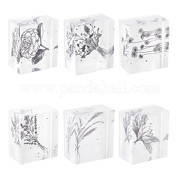 Globleland 6pcs 6 style acrylique et tampons en caoutchouc, pour les fournitures de scrapbooking de cartes de bricolage, rectangle, motif de fleur, 3.1x3.6x1.8 cm, 1pc / style