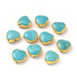 Perles de turquoise naturelle, avec les accessoires en laiton plaqués or, Plaqué longue durée, teinte, cœur, 14.5~15x15~15.5x6.5~7mm, Trou: 0.9mm