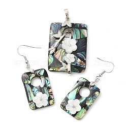 Natural Paua Shell Rectangle & White Shell Flower Jewelry Set, Rhinestone Dangle Earrings & Pendants with Brass Findings, Platinum, 55.5x20.5mm, 48.5x30.5x11mm, Hole: 8x5mm