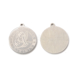 304 Stainless Steel Pendants, Flat Round with Constellations Charm, Stainless Steel Color, Virgo, 28x25x1.5mm, Hole: 2mm