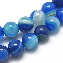 Chapelets de perles en agate à rayures naturelles/agates à bandes, teints et chauffée, ronde, bleu royal, 10mm, Trou: 1mm, Environ 37 pcs/chapelet, 14.9 pouce (38 cm)