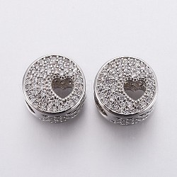 Messing Mikro ebnen Zirkonia European Beads, Großloch perlen, hohl, flach rund mit Herz, Transparent, Platin Farbe, 11x8 mm, Bohrung: 4.5 mm