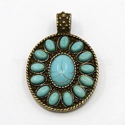 Vintage Bezel Gemstone Synthetic Turquoise Pendants, with Antique Bronze Alloy Findings, Oval, Synthetic Turquoise, 44x30x8mm, Hole: 5mm