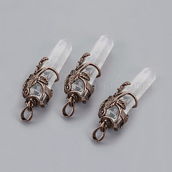 Natural Quartz Crystal Pointed Pendants, Rock Crystal Pendants, with Red Copper Plated Brass Findings, Bullet, 57~60x16mm, Hole: 8x5mm