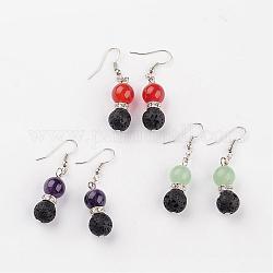 Natural Lava Rock Dangle Earrings, with Gemstone Beads, Brass Rhinestone Findings and Earring Hooks, 47mm, Pin: 0.6mm