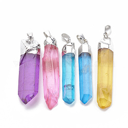 Pendentifs pointus en cristal de quartz naturel, avec les accessoires en fer, platinée, pépites, teinte, couleur mixte, 49~59x7~14x7~13mm, Trou: 4x7mm