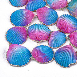 Spray Paint & Electroplate Sea Shell Pendants, with Brass Findings, Golden, Dodger Blue, 35~50x31~41x12~17mm, Hole: 1.5mm