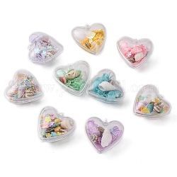 Contenitori pendenti in plastica trasparente apribili, con conchiglia e paillettes, cuore, colore misto, 28.5x30x18mm, Foro: 1.6 mm