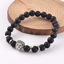 Natural Lava Rock Stretch Bracelets, with Lion Alloy Beads and Brass Findings, Antique Silver, 59mm