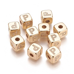 Brass Micro Pave Cubic Zirconia Beads, Horizontal Hole, Real 18K Gold Plated, Long-Lasting Plated, Cube with Letter, Clear, Letter.P, 9x9x9mm, Hole: 3.5mm