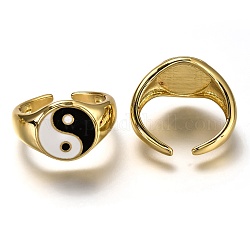 Anillos de brazalete de latón esmaltado, anillos abiertos, Plateado de larga duración, plano redondo con chismes / yin yang, real 18k chapado en oro, negro, nosotros tamaño 6, diámetro interior: 17 mm