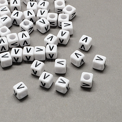 Perline europee di grandi dimensioni in acrilico, foro orizzontale, bianco & nero, cubo con letter.v, 10x10x10mm, Foro: 4 mm, circa 564pcs/500g