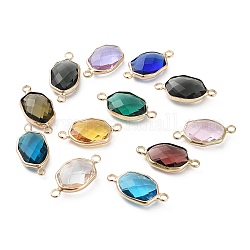 Brass Pave K9 Glass Connector Charms, Faceted Oval Links, Light Gold, Mixed Color, 12x23x6mm, Hole: 2.5mm
